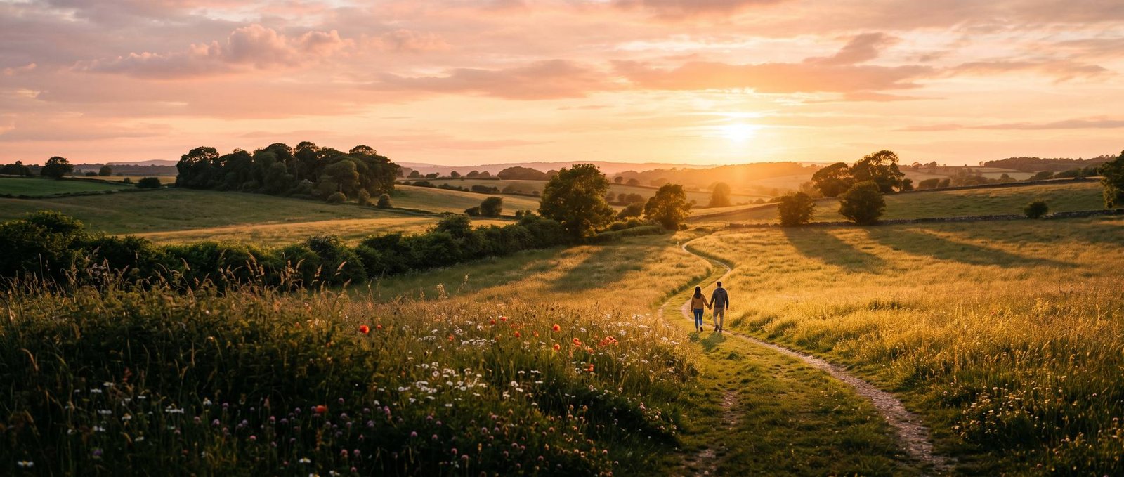 Couple walking through a wildflower meadow at sunset
