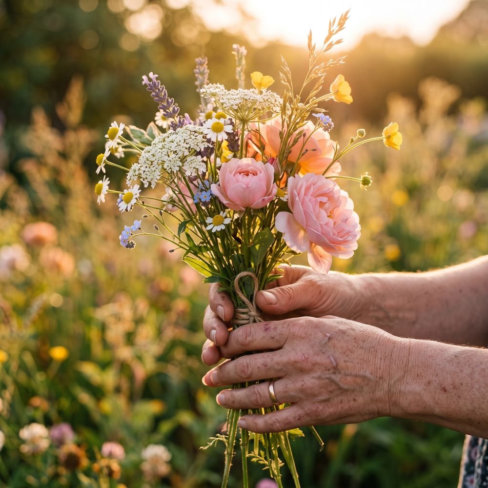 Hands holding a wildflower bouquet in golden light