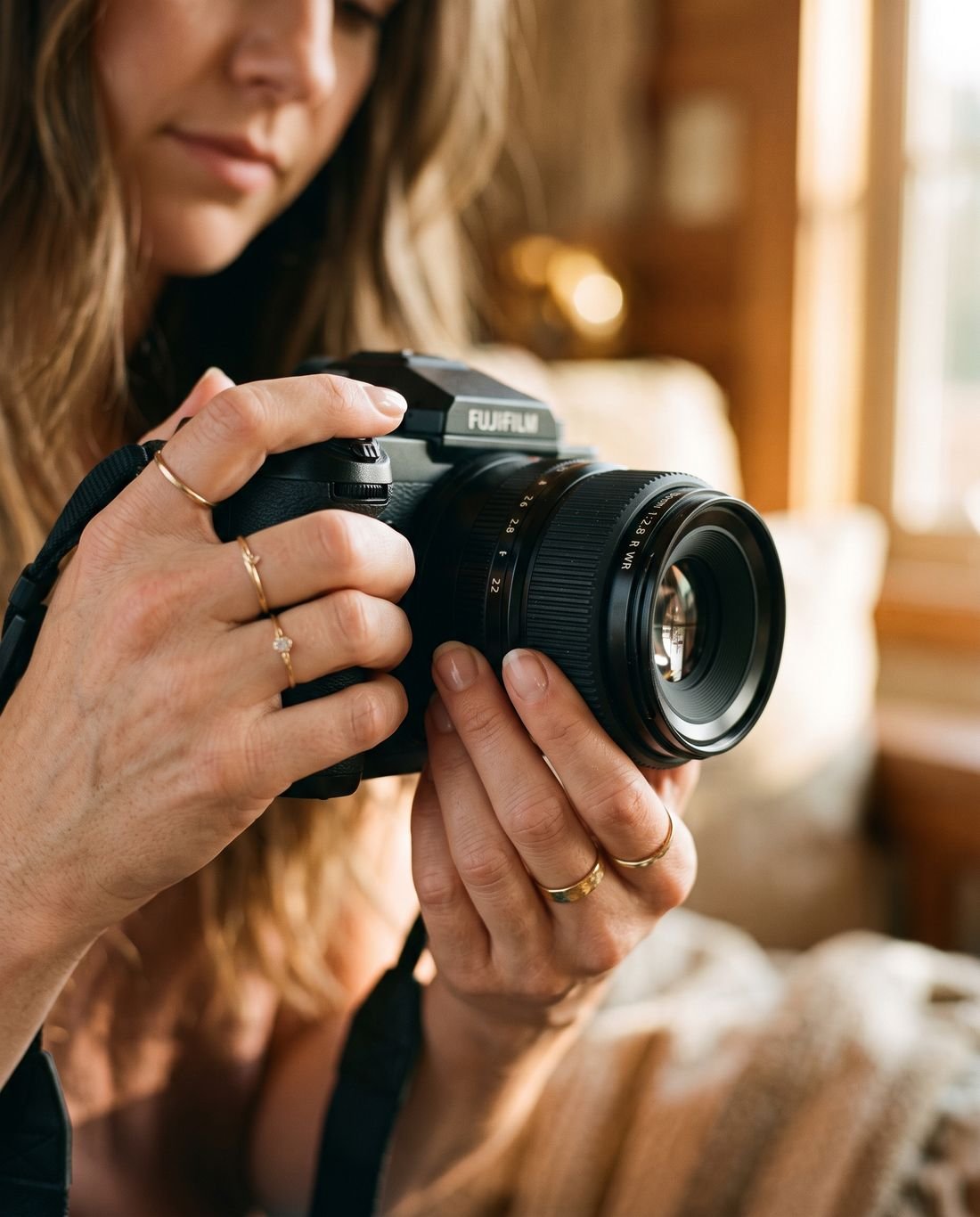 Alex adjusting a camera lens in golden light