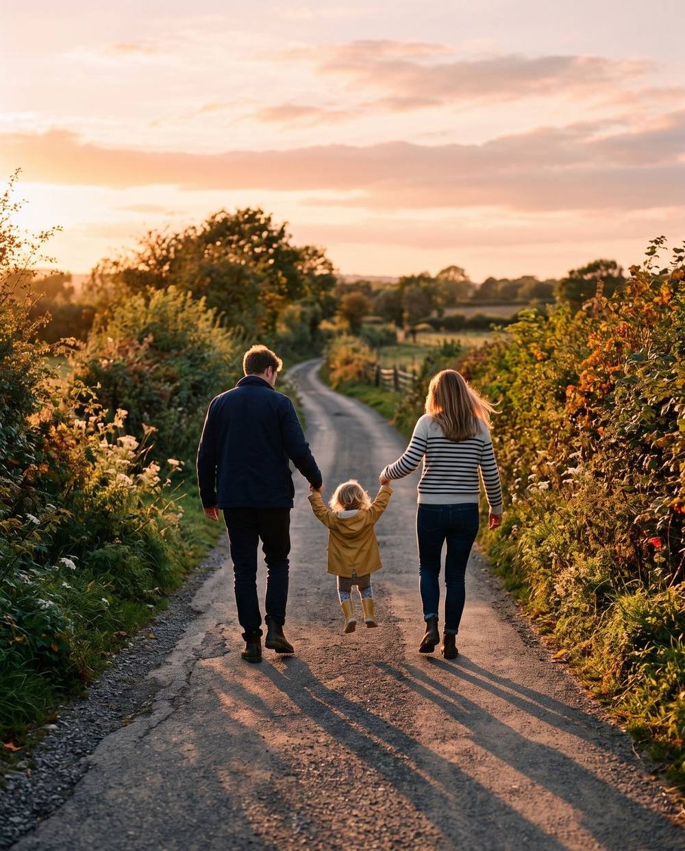 Family walking down a country lane at golden hour