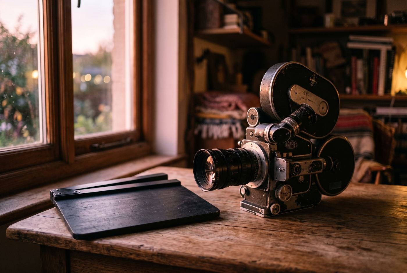Cine camera and clapperboard in warm window light