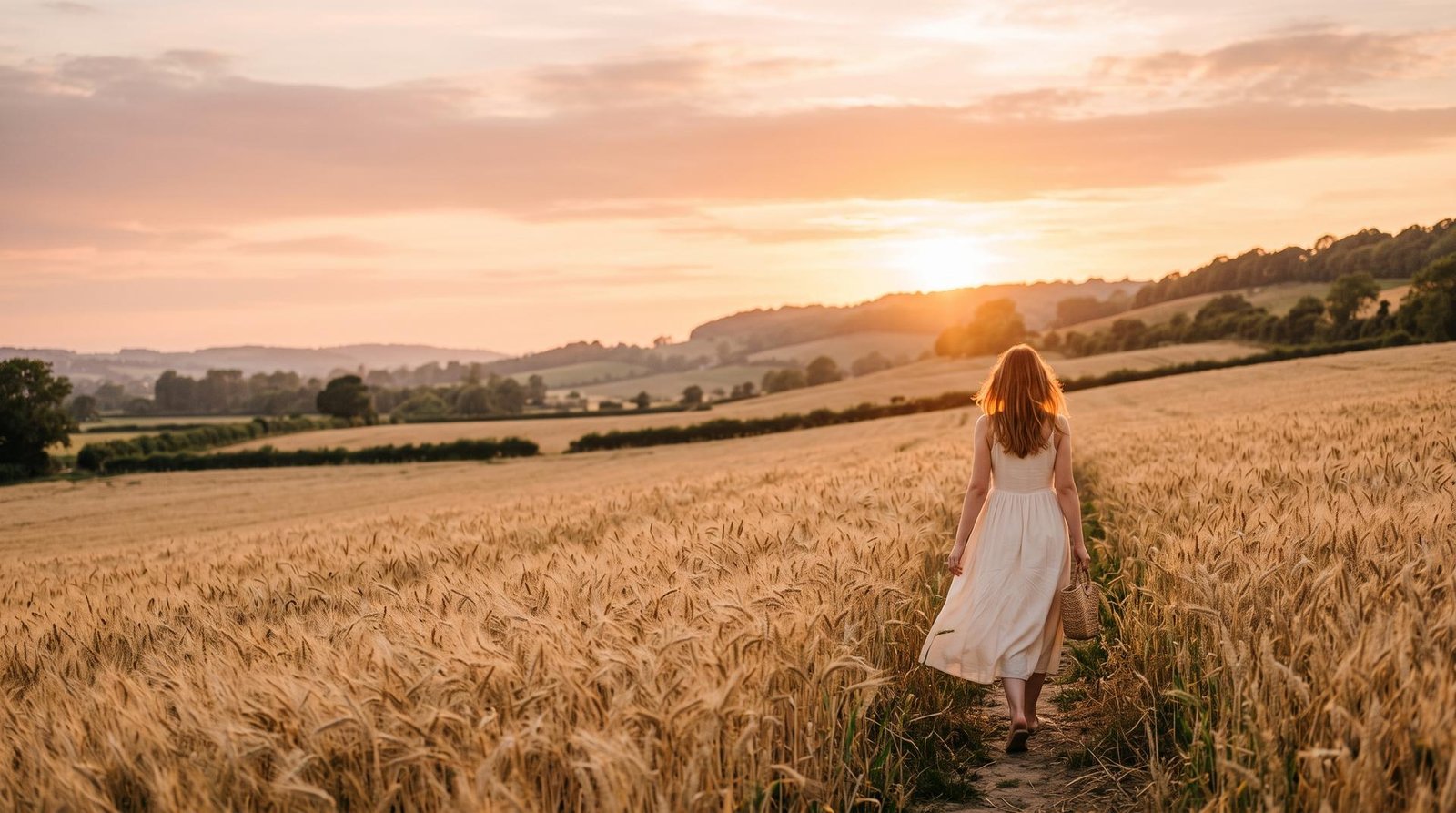 Woman walking through a golden wheat field at sunset in Oxfordshire