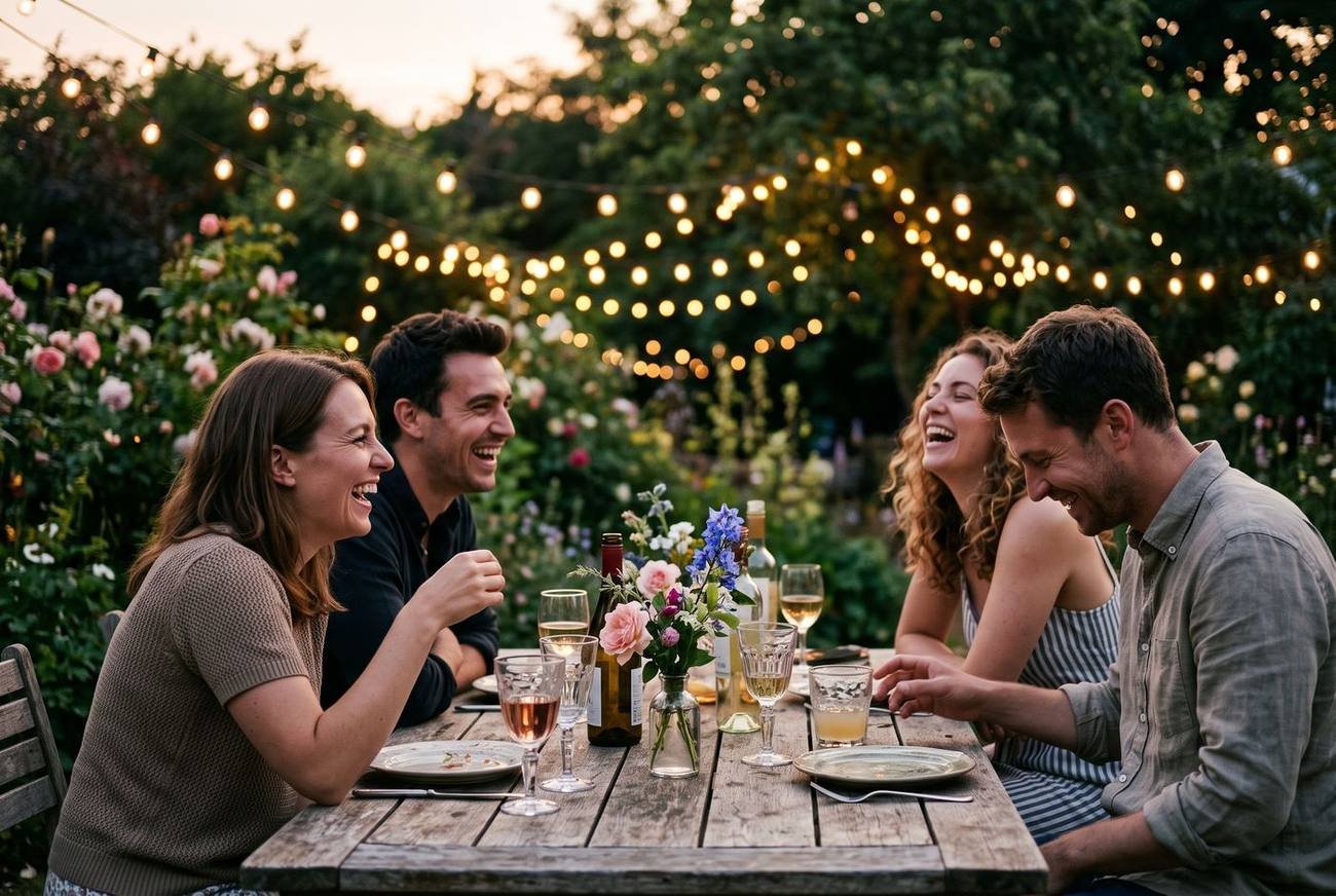 Friends laughing at a garden party under string lights