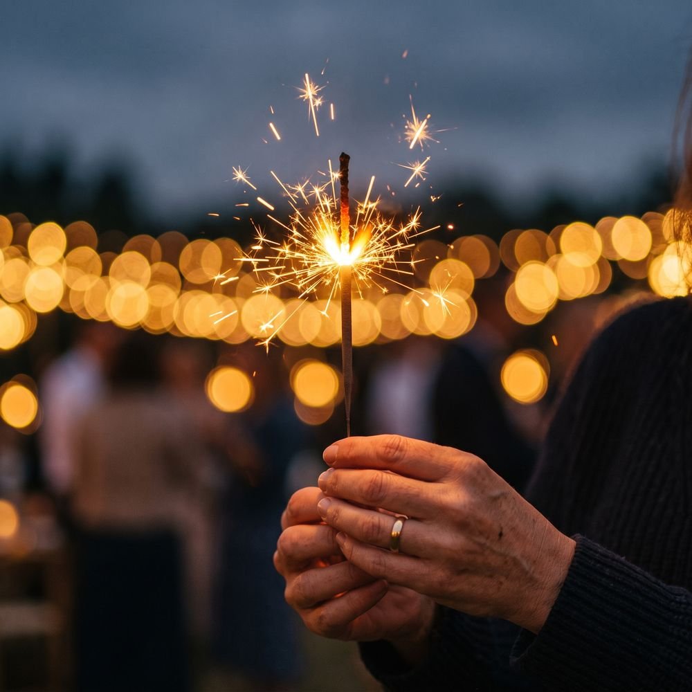 Sparkler held against warm evening bokeh