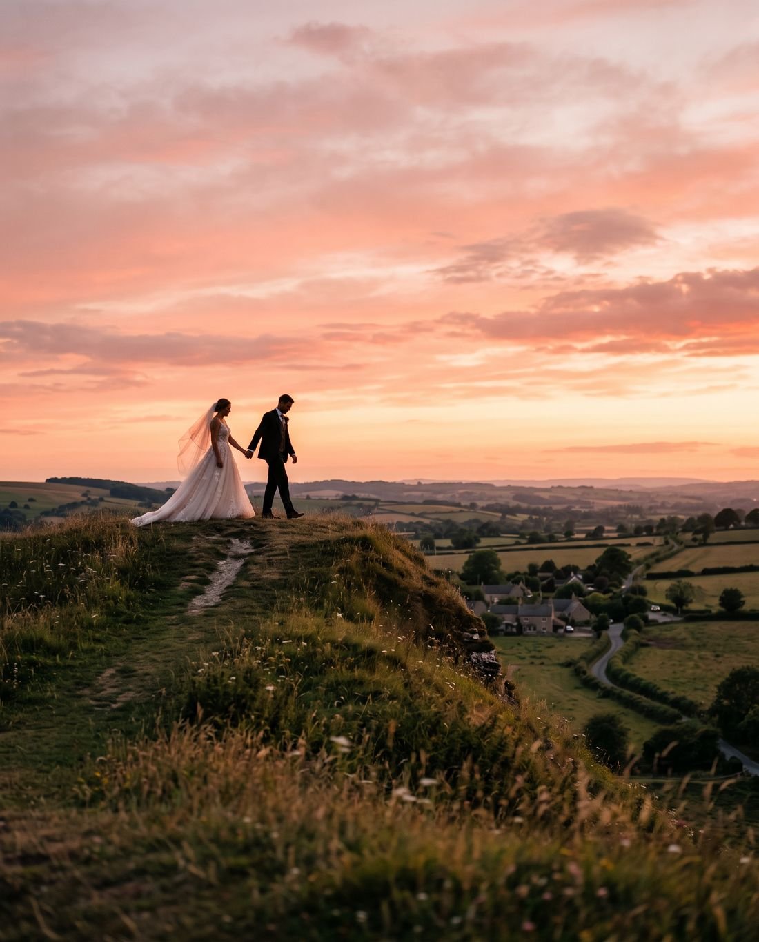Bride and groom silhouetted against a sunset sky
